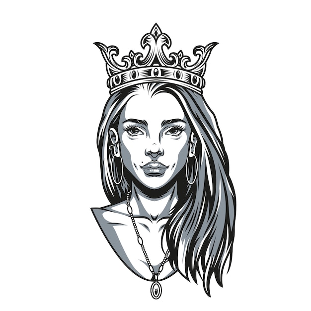 Vintage concept of pretty woman with crown pendant and earrings in monochrome style isolated vector illustration