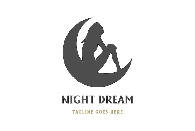 Vintage Crescent Moon with Sitting Woman Lady Girl Female for Sweet Dream Logo Design Vector