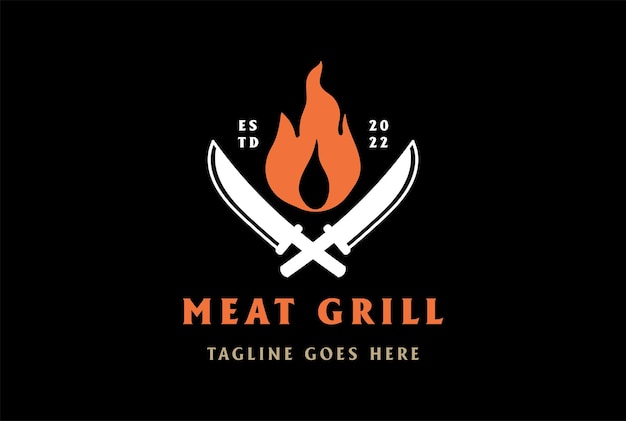 Vintage Crossed Knife with Flame for BBQ Grill Steak Meat Logo Design Vector