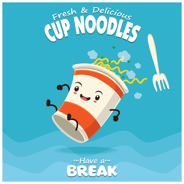 Vintage cup noodles poster design with vector cup noodles character