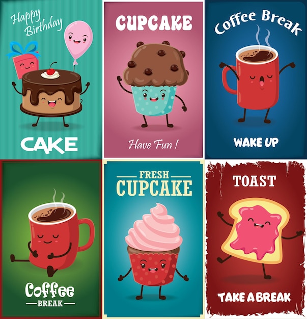 Vintage Cupcake poster design set with vector cupcake coffee toast character