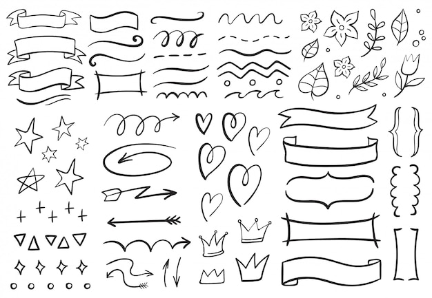 Vintage decorative doodles. Hand drawn ribbon, outline arrows and doodle holidays cards decorations  set