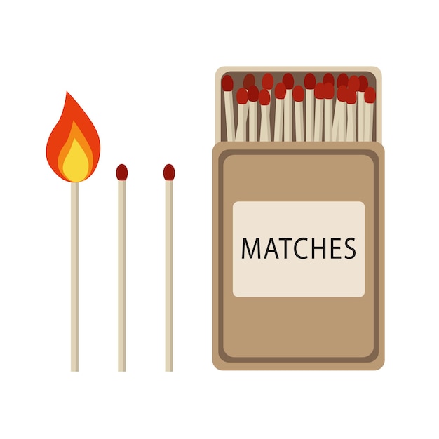 Vintage design set of matches Burning match Matchsticks and matchbox in Flat style