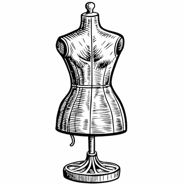 Vintage Dress Form Sketch Detailed Mannequin Illustration for Tailoring and Fashion Design