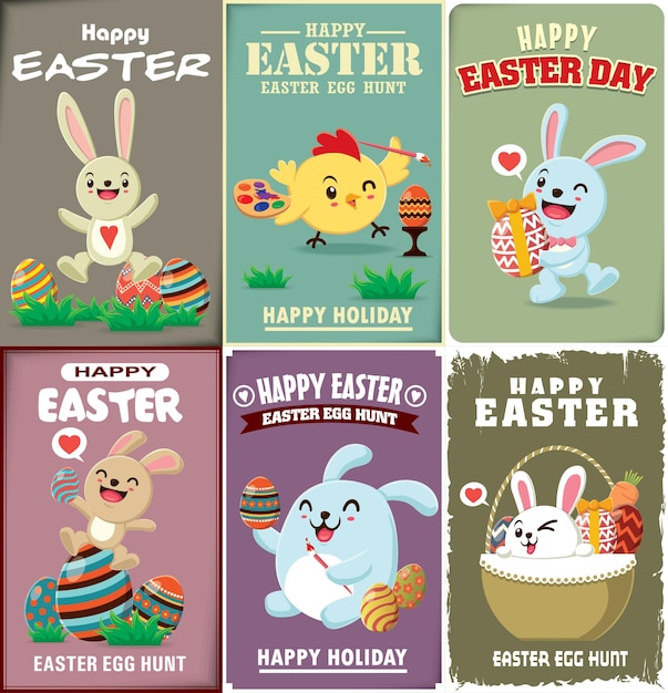 Vintage Easter Egg poster design with Easter rabbit chicken