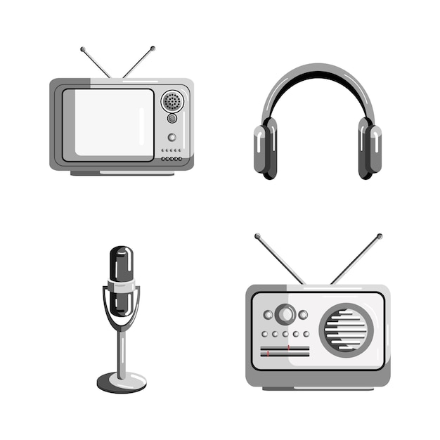 Vintage electronic collection illustration, tv headphones, radio, microphone