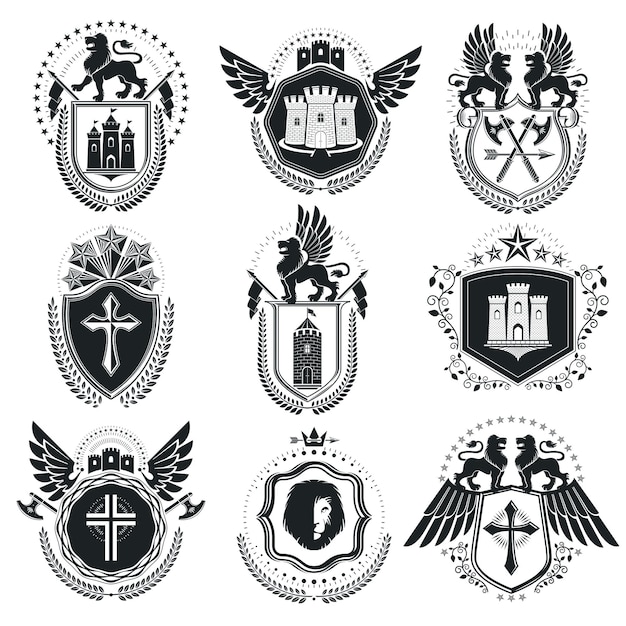 Vintage emblems, vector heraldic designs. Coat of Arms collection, vector set.