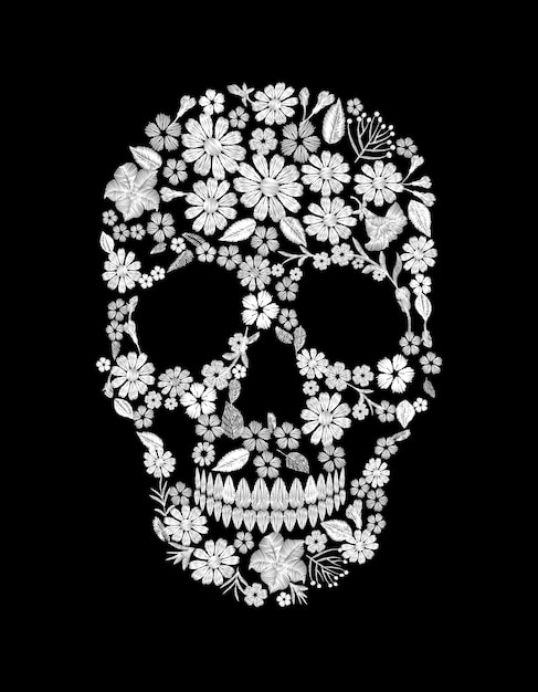 Vintage embroidered flower skull. Muertos Dead Day Fashion