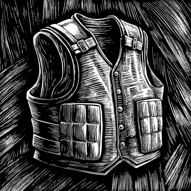 Vector vintage engraved armored vest illustration on woodcut background