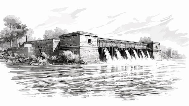 Vector vintage engraved illustration of dam on the seine at suresnes