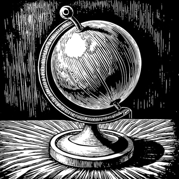 Vector vintage etched black and white globe illustration on wooden stand