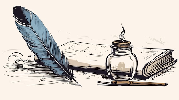 Vector vintage feather quill pen and inkwell concept