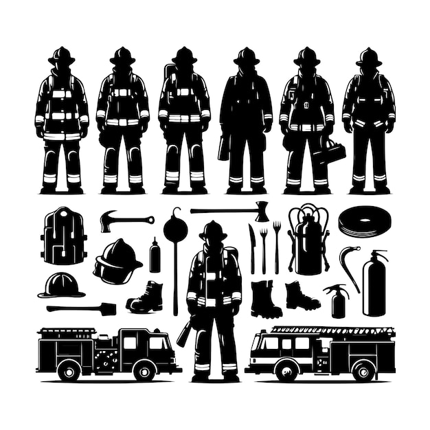 Vector vintage firefighting elements set silhouette vector illustration