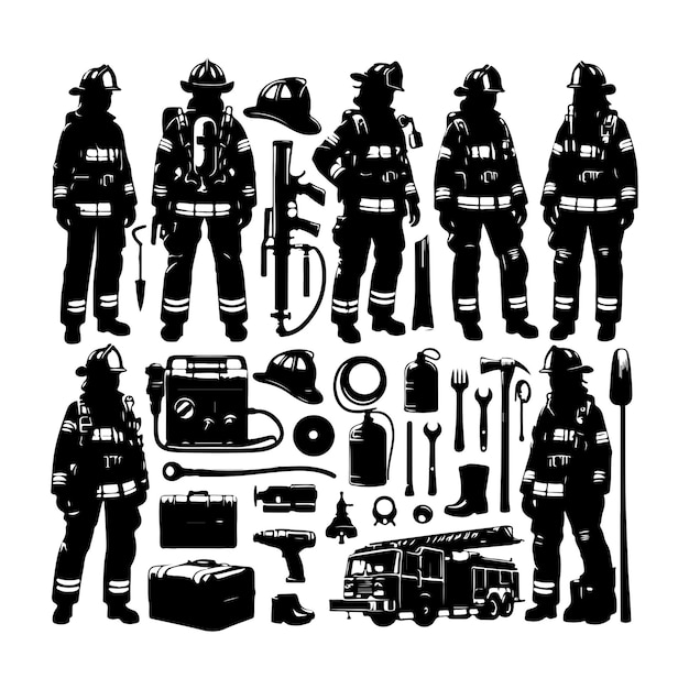 Vector vintage firefighting elements set silhouette vector illustration