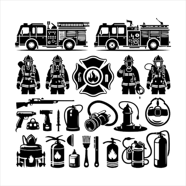 Vector vintage firefighting elements set silhouette vector