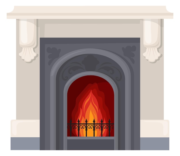 Vintage fireplace Cartoon house heat with burning fire