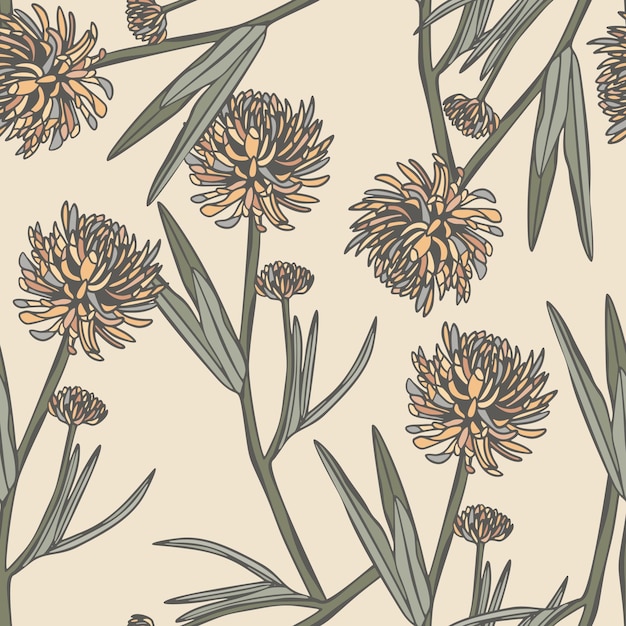 Vintage Floral Background Hand Drawn Retro Flower Seamless Pattern