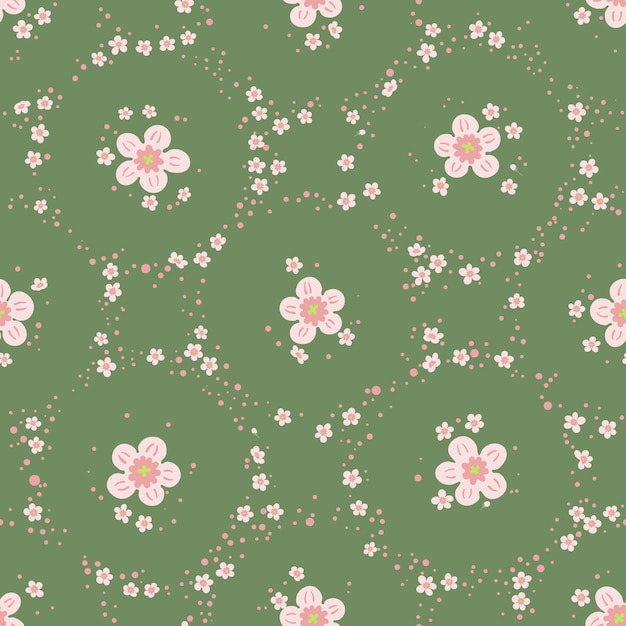 Vintage floral background. Seamless pattern with big and small pink flowers on green background