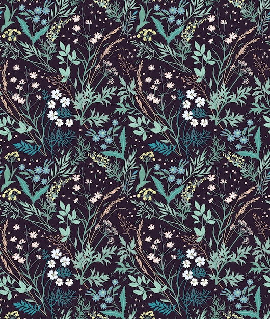 Vintage floral background. Seamless  pattern with small flowers on a black background.