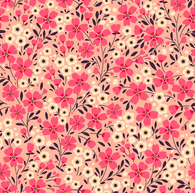 Vintage floral background. Seamless  pattern with small pink flowers on a coral background.