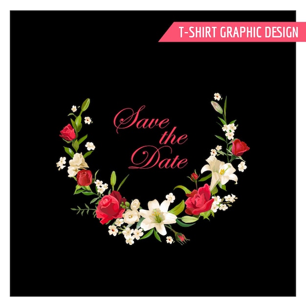 Vintage Floral Graphic Design. Summer Rose and Lily Flowers for T-shirt, Fashion