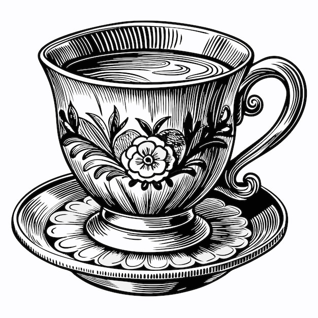 Vintage Floral Tea Cup Illustration Intricate Black and White Design