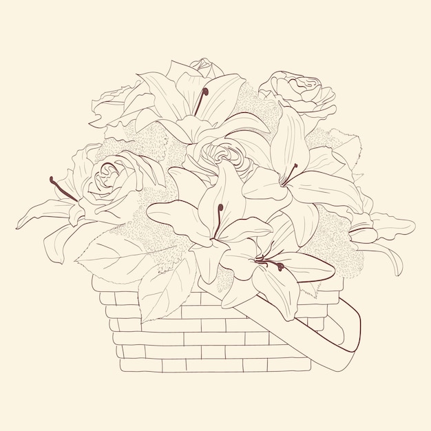 Vintage flower bouquet vector line art with basket