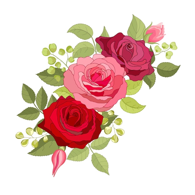 Vintage flowers set The rose elegant card Beautiful bouquet of pink flowers and leaves