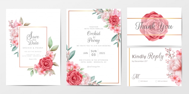 Vintage flowers wedding invitation card template set