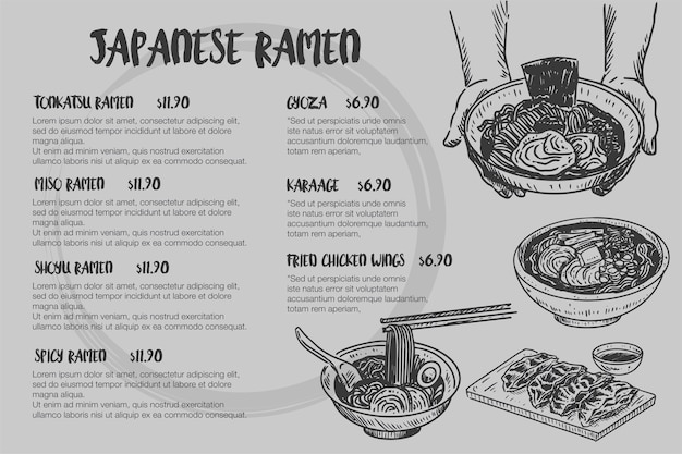 Vector vintage food sketch, hand drawn japanese ramen menu, 