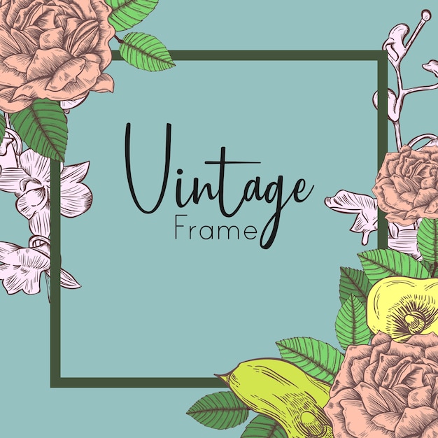 Vintage frame invitation background wiith flower and leaves