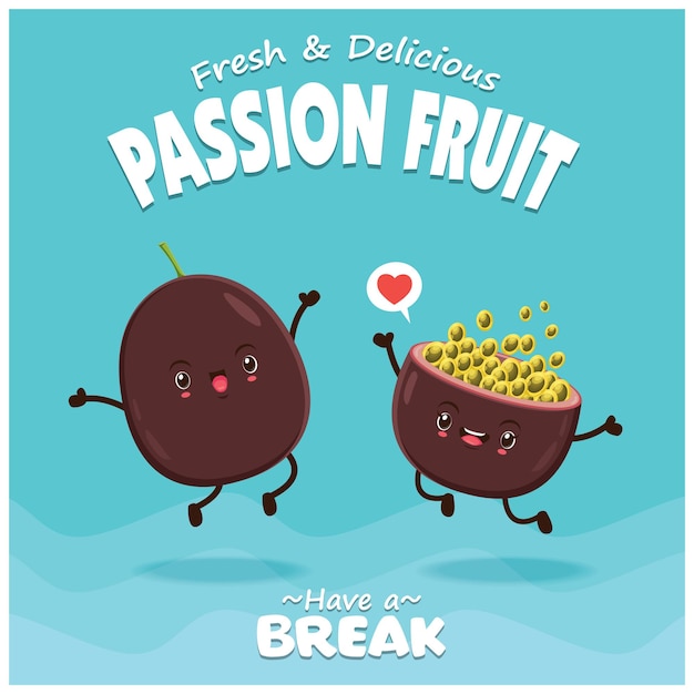 Vintage fruit poster design with vector passion fruit character