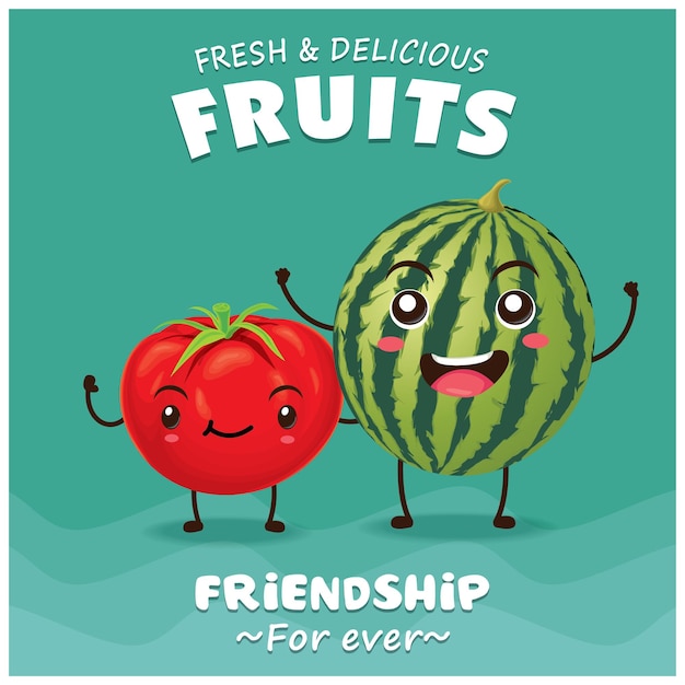 Vintage fruits poster design with vector tomato, watermelon character.