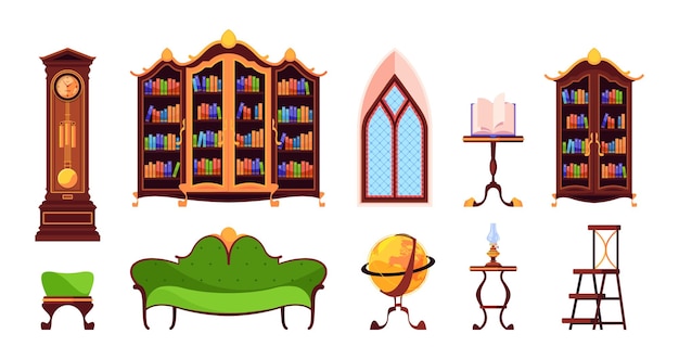 Vintage furniture Library old wooden shelves for books cabinet tables garish vector illustrations set Furniture interior room bookshelf and armchair