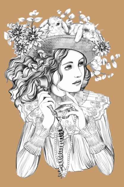 A vintage girl in a beautiful hat. Hand drawn in shades of gray vector