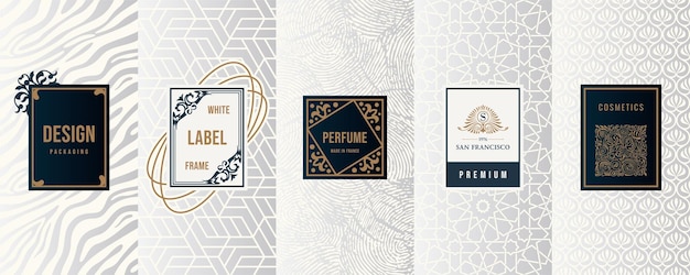 Vintage gold collection of design labels frames for logo packaging design soap or wine background