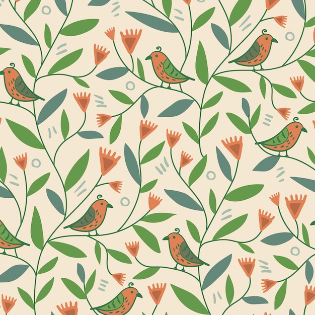 Vector vintage green and beige repeat pattern of bird on branches with leaves and flowers