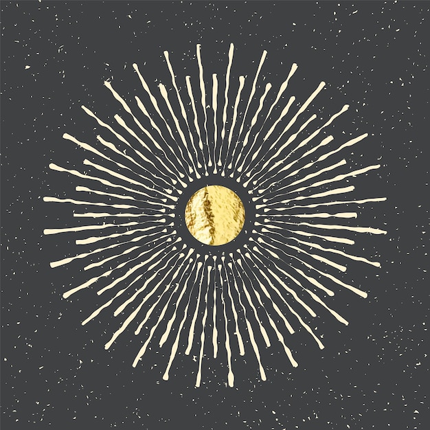 Vector vintage grunge sunburst sunset beams gold foil shiny handmade circles golden glittering texture