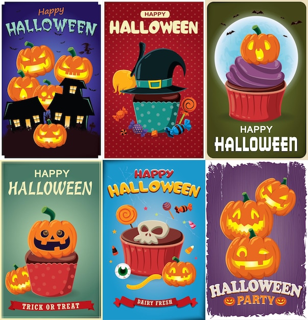 Vintage Halloween poster design set with vector demon, cupcake, jack o lantern character.