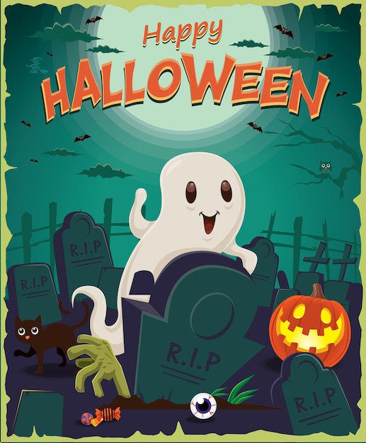 Vintage Halloween poster design with ghost character