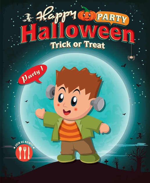 Vintage Halloween poster design with kid in costume