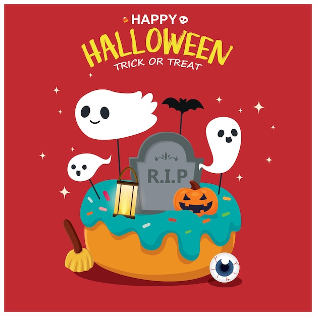 Vintage Halloween poster design with vector bat pumpkin ghost cupcake character