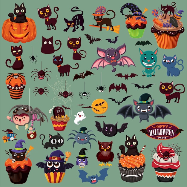 Vintage Halloween poster design with vector bat, spider, cat, Jack o lantern character set.