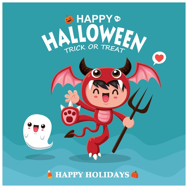 Vintage Halloween poster design with vector demon character