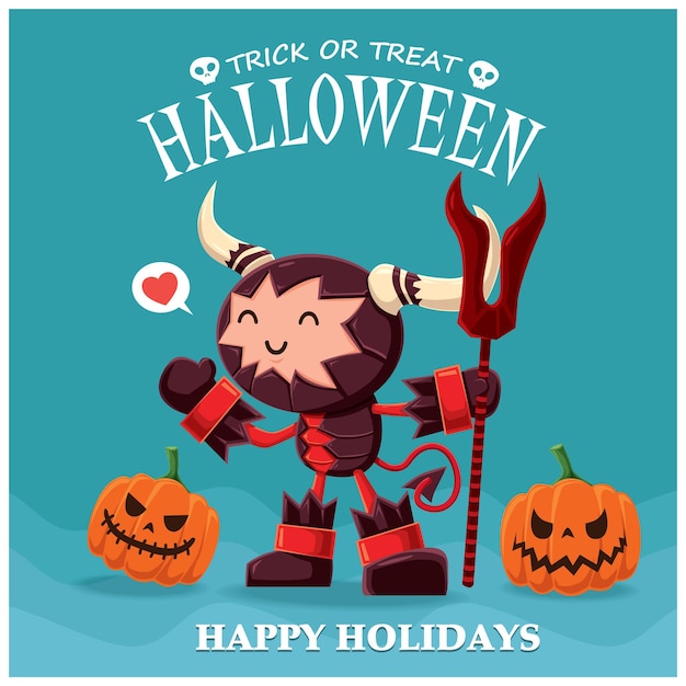 Vintage Halloween poster design with vector demon character