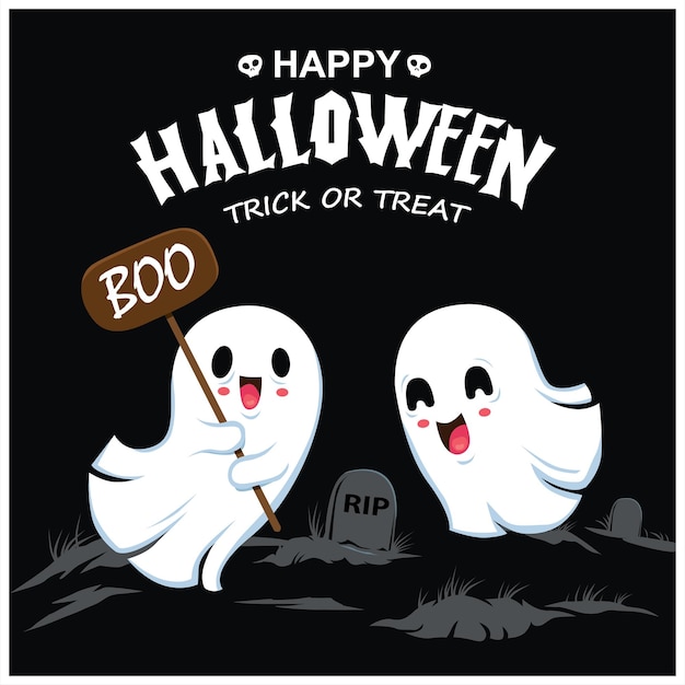 Vintage Halloween poster design with vector ghost character