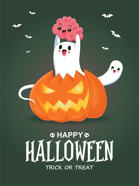 Vintage Halloween poster design with vector ghost jack o lantern character