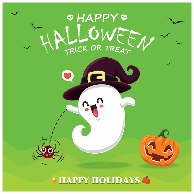 Vintage Halloween poster design with vector ghost spider character