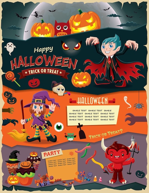 Vintage Halloween poster design with vector ghost, vampire, witch, devil character.