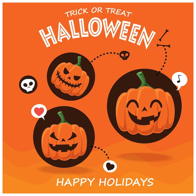 Vintage Halloween poster design with vector jack o lantern character